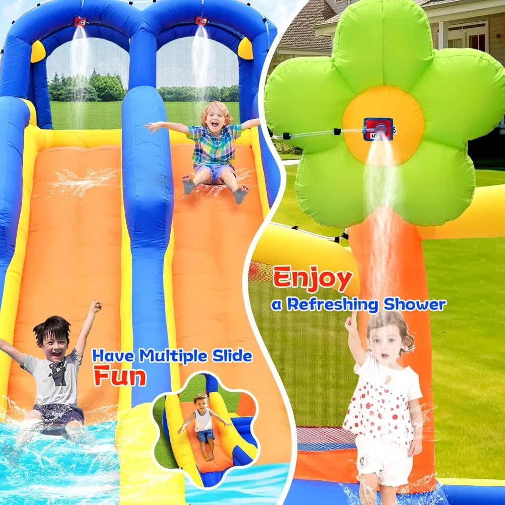 Inflatable Bounce House with Triple Slide, Climbing Wall & Water Park