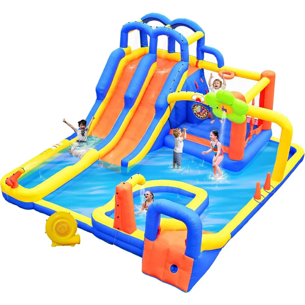Inflatable Bounce House with Triple Slide, Climbing Wall & Water Park