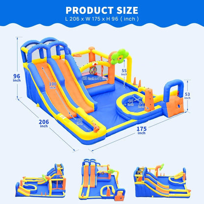 Inflatable Bounce House with Triple Slide, Climbing Wall & Water Park