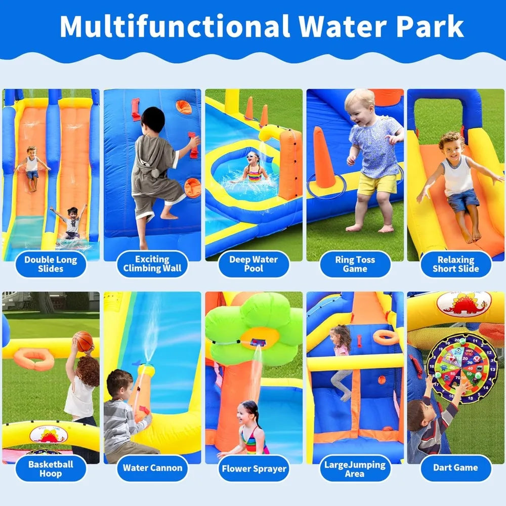Inflatable Bounce House with Triple Slide, Climbing Wall & Water Park