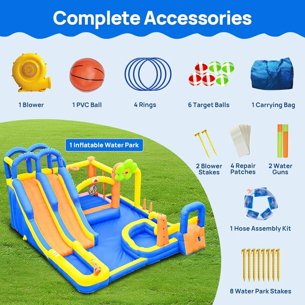 Inflatable Bounce House with Triple Slide, Climbing Wall & Water Park