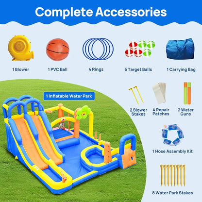 Inflatable Bounce House with Triple Slide, Climbing Wall & Water Park
