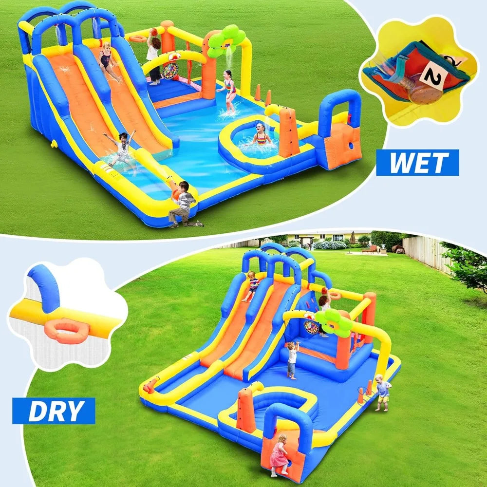 Inflatable Bounce House with Triple Slide, Climbing Wall & Water Park